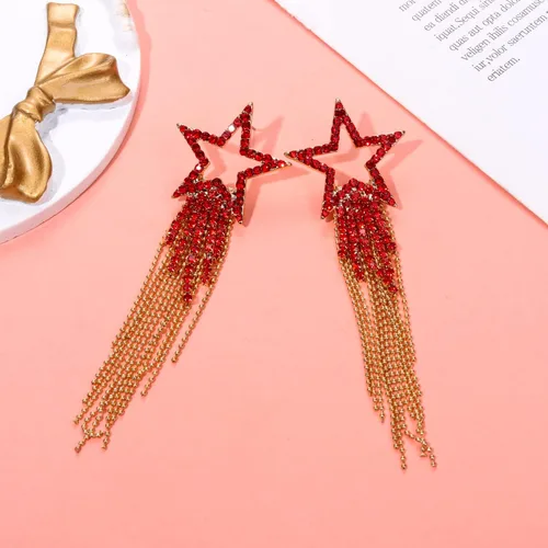 Vista 6 de Pendientes de borla para mujer, diseño de estrella, de cristal, estilo bohemio, cascada, con flecos, aretes colgantes