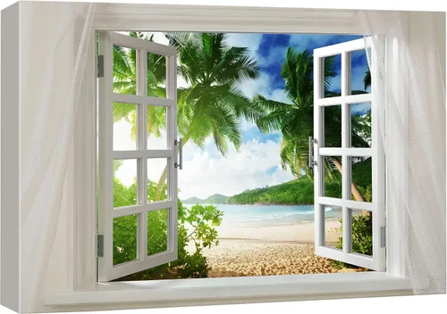 Vista 9 de wall26 - Cuadro en lienzo para pared, vista de ventana, atardecer neón, cielo, palmera tropical, playa, naturaleza, desierto, fotografía, realismo