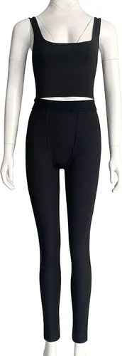 Vista 4 de Dobrila Conjunto de entrenamiento casual para mujer, 2 piezas, camiseta sin mangas acanalada, cintura alta, traje de gimnasio, leggings de yoga