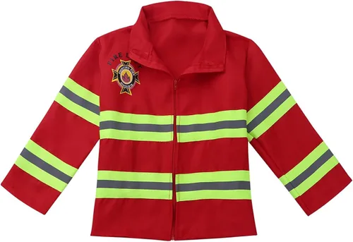 Vista 5 de Jizyo Disfraz de bombero para niños y niñas, de manga larga, chaqueta con pantalones, sombrero, fiesta temática, vestido de bombero
