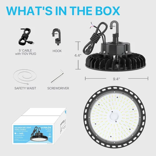 Vista 7 de HYPERLITE Luces LED High Bay de 100 W, 14,500 lm (145 lm/w) 5000 K, 1-10 V, regulable, cable de 5' con enchufe de 110 V, gancho de EE. UU., listado