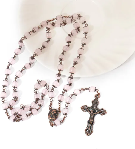 Vista 5 de Nazareth Store Rosario de diseño vintage con cuentas de piedra natural, collar de 0.315 in, medalla de suelo santo y cruz crucifijo rosarios