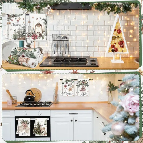 Vista 5 de FuWeave Toallas de Cocina Navideñas Beige Paños de Cocina con Árbol Navideño Toallas de Mano Decorativas Hello Winter Absorbentes Pelota de Guantes