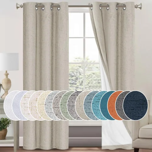 Vista 152 de Cortinas con textura de lino 100% opacas de 64 pulgadas de largo, juego de 2 paneles de cortinas de lino opacas con forro aislante térmico que Arena