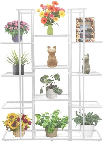 Vista 7 de MTB Garden Soporte grande de metal para plantas de 3 niveles y 8 macetas para interiores y exteriores, estante para macetas, color gris carbón