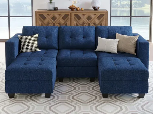 Vista 12 de Belffin Sofá modular modular con otomana de almacenamiento, sofá moderno en forma de L de tela con diván para espacios pequeños, azul