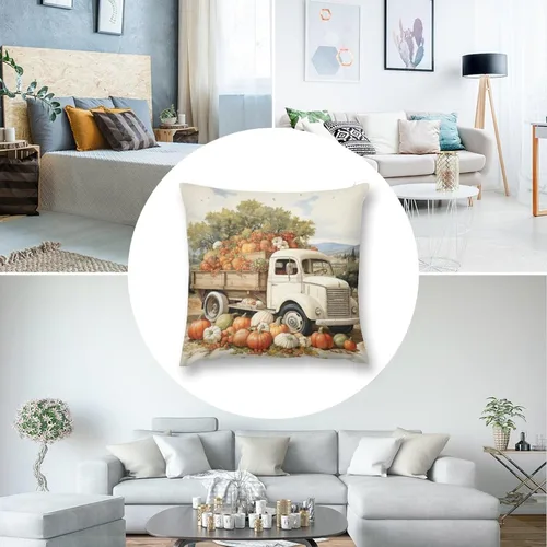 Vista 5 de Funda de cojín de 12 x 12 pulgadas, diseño de hojas de arce y calabaza naranja Happy Harvest Farm Truck para exteriores, decoración moderna