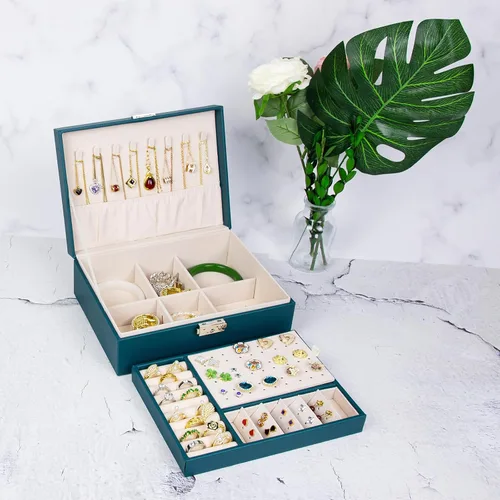Vista 9 de SYCARON Joyero organizador para mujeres y niñas, estuche organizador de joyas de 2 capas, caja de almacenamiento de joyería de piel sintética