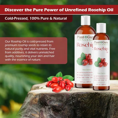 Vista 3 de Plant Guru Aceite de rosa mosqueta sin refinar 16 fl. oz. 100% puro prensado en frío, nutritivo para la piel, cabello, cuero cabelludo y uñas