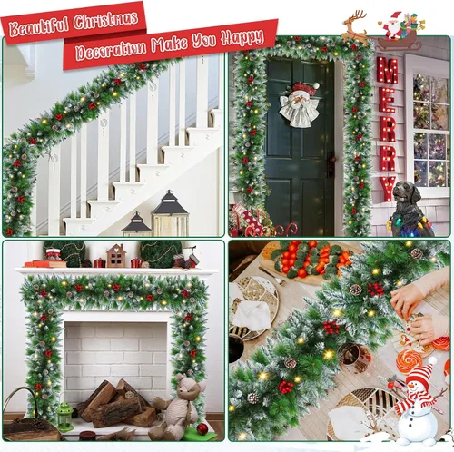 Vista 7 de Guirnalda de Navidad preiluminada de 9 pies con luces decorativas: guirnalda de vegetación artificial que funciona con pilas para chimenea