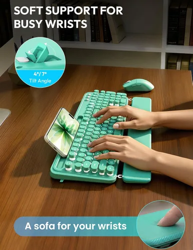 Vista 3 de Combo de teclado y mouse inalámbricos: teclado retroiluminado con reposamuñecas magnético y soporte para teléfono, teclas redondas iluminadas, juego