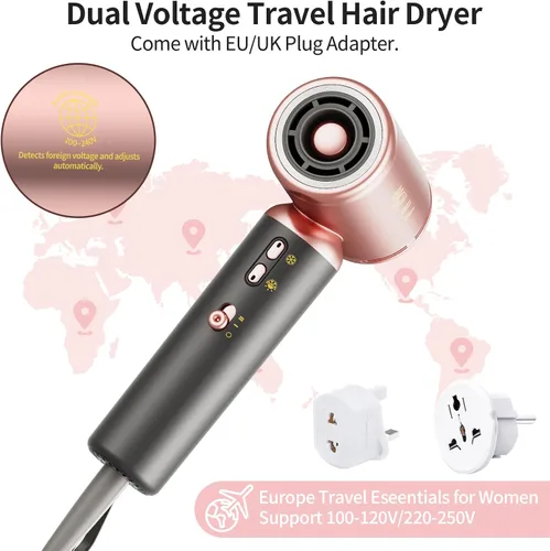 Vista 2 de Mini secador de pelo de viaje de doble voltaje (100 ~ 250 V) con adaptador de enchufe europeo para viajes internacionales, secador de pelo portátil