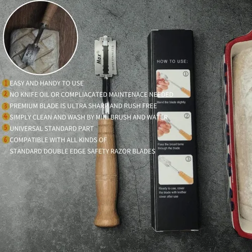 Vista 3 de Classic Bread Lame Best Dough Slashing Tool Premium - Cuchillo de pan hecho a mano con 10 cuchillas adicionales + mini cepillo de limpieza, mango