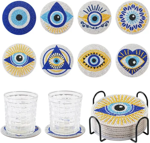 Vista 17 de FASHEWELRY 8 posavasos de arte de diamante con soporte para abejas, kit de posavasos de pintura de diamantes para bebidas, kits de arte de diamantes