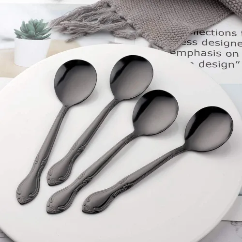 Vista 7 de Cucharas de sopa, cucharas redondas de acero inoxidable para caldo con borde de flor, juego de 12 piezas de acero inoxidable para café, azúcar