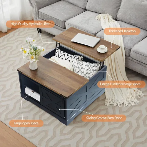 Vista 3 de Mesa auxiliar con tapa elevable, mesa de centro cuadrada de madera con puerta corrediza de granero y estante ajustable, mesa central rústica