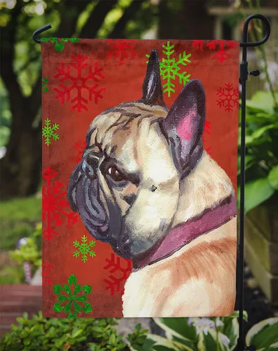 Vista 3 de Caroline's Treasures LH9580GF - Bandera decorativa para jardín, diseño de bulldog francés, diseño de copos de nieve rojos, para exteriores, patio