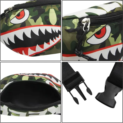 Vista 5 de Riñonera pequeña para niños y niñas, con diseño de tiburón de dibujos animados, para deportes, correr, bolsa de cintura, Camuflaje