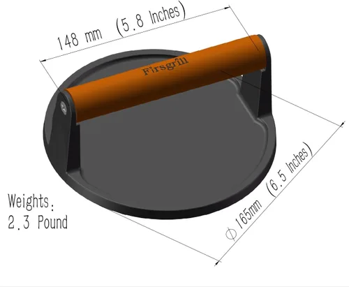 Vista 3 de Firsgrill Prensa para Hamburguesas 6.6" Redonda de Hierro Fundido Resistente para Aplastar Carne Bistec con Mango de Madera para Parrillas Plano