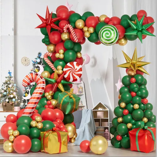Vista 3 de Kit de arco de globos de Navidad de 171 piezas, globos rojos, verdes y dorados, globos de caja de regalo de caramelos, globos de papel de aluminio