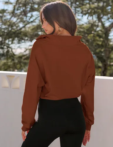 Vista 3 de MEROKEETY Sudadera corta con cremallera de un cuarto para mujer, manga larga, cuello alto, con cordón
