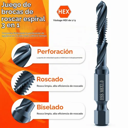 Vista 2 de THINKWORK Juego de brocas combinadas, 6 piezas 3 en 1 con revestimiento de titanio negro antióxido, herramienta de broca de rosca con punta de rosca