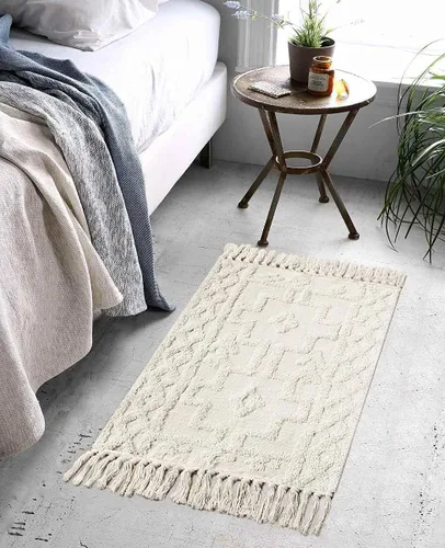 Vista 2 de Uphome Alfombra de Baño Bohemia de 2' x 3', Alfombras Pequeñas de Dormitorio Estilo Granja Lavables con Borlas, Tapetes de Baño Geométricos Beige