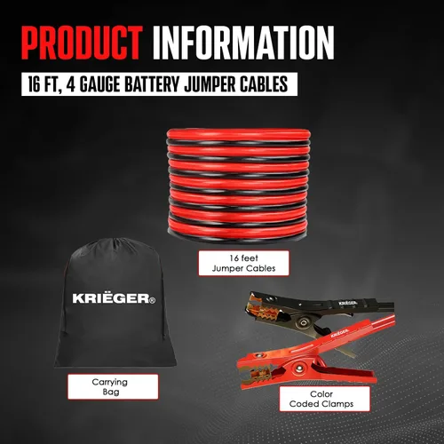 Vista 6 de K KRIËGER Cables de puente para batería de automóvil, cables de refuerzo automotrices resistentes para arrancar baterías muertas o débiles con bolsa