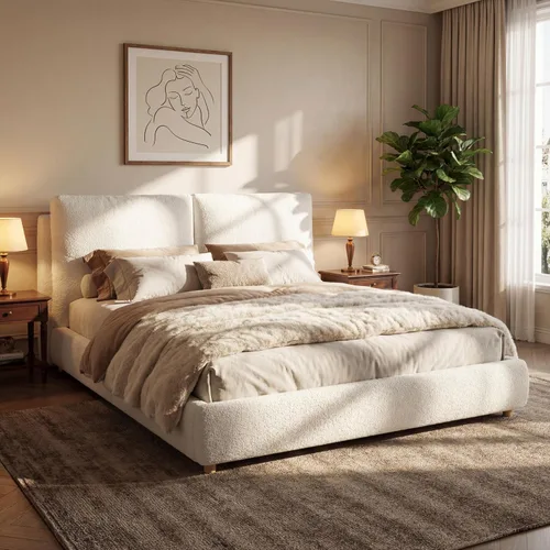 Vista 14 de Merax Cama de plataforma tapizada de tela Boucle tamaño Queen con dos cabeceras de almohada extraíbles, marco de cama de madera con patas redondas