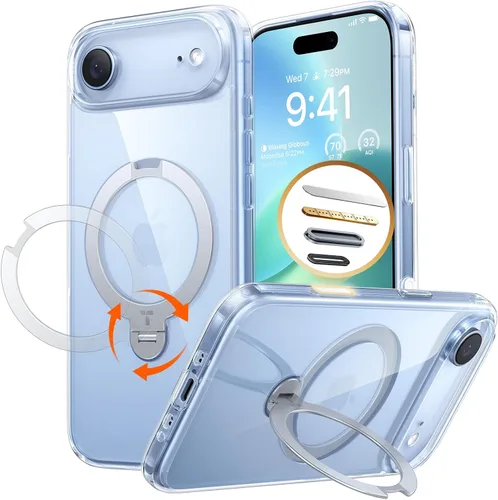 Vista 9 de TORRAS Soporte magnético giratorio 360 mejorado para iPhone 15 Pro, compatible con MagSafe, soporte integrado y soporte de anillo, protectora