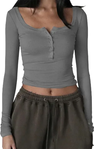 Vista 2 de Blusa básica de manga larga acanalada para mujer, estilo Y2K, ajustada, casual, cuello redondo, ropa de calle