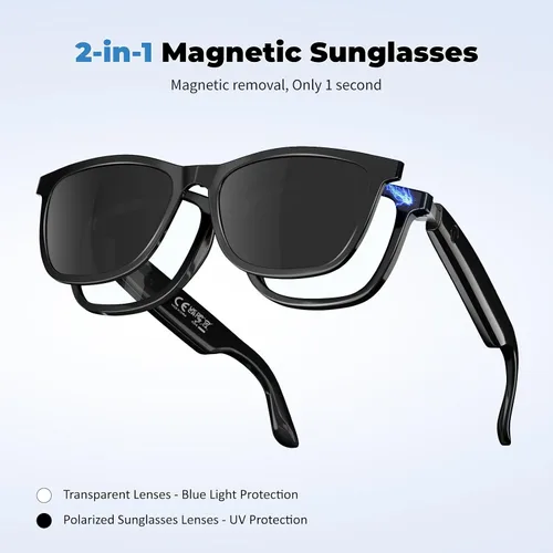 Vista 4 de Lentes inteligentes con Bluetooth, 2 en 1 magnéticos, bloqueo de luz azul y UV400, gafas Bluetooth para hombres/mujeres con asistente de voz, gafas