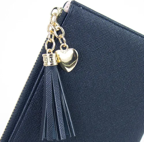 Vista 6 de Sumgogo - billetera delgada para mujer, con borlas largas, cierre zipper, monedero, bolso de mano, tarjetero, Negro, Grande, Minimalista