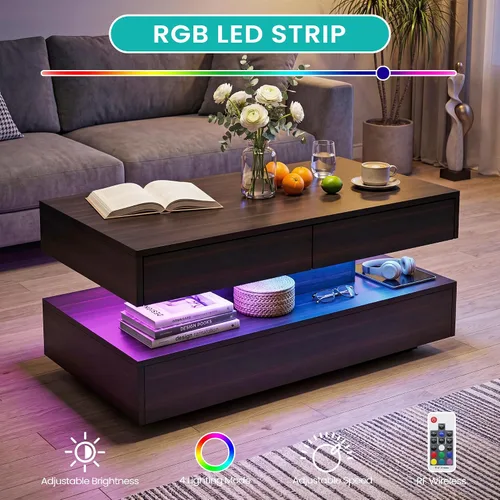 Vista 4 de Mesa de centro para sala de estar, mesa de centro moderna con 2 cajones de almacenamiento, mesa central de 2 niveles de madera con luces LED de 20