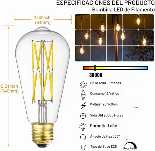 Vista 2 de Bombilla LED Edison regulable de 12 W, 3000 K, blanco suave, 1200 lm, base media E26 equivalente a 100 W, bombillas LED vintage ST64, ángulo de haz