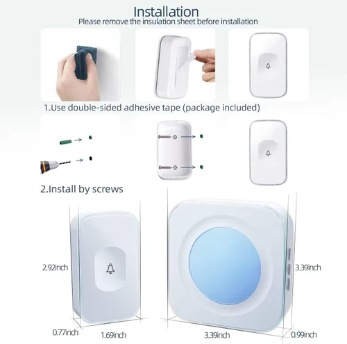 Vista 7 de Timbre inalámbrico enchufable FUHONGRUI de 1200 pies, timbre inalámbrico con batería, botón de timbre con luz intermitente, 36 melodías, 4 niveles