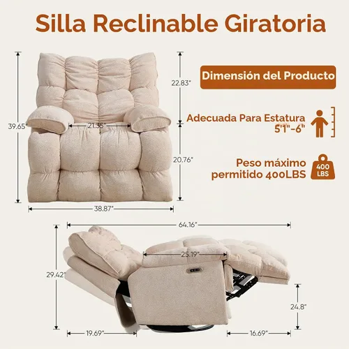 Vista 2 de Sillón reclinable giratorio de gran tamaño para grandes y altos, extra Beige