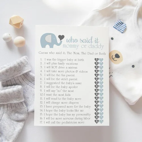 Vista 6 de Paper Clever Party Juego de baby shower de elefante para niños, 25 tarjetas de juego de Adivina quién mamá o papá, divertidas actividades