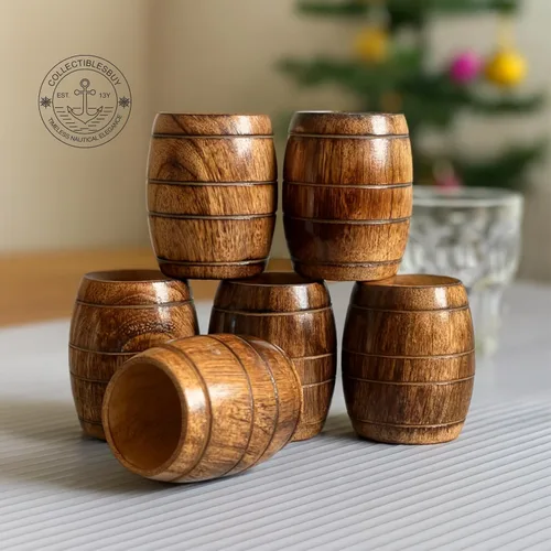 Vista 3 de collectiblesBuy Juego de 6 tazas de madera de mango hechas a mano, con forma de barril rústico, ecológicas, para té, café, cerveza, vino