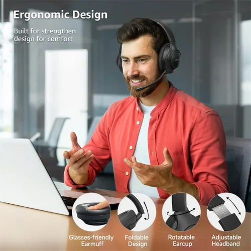 Vista 5 de NONCHI Auriculares inalámbricos Bluetooth sobre la oreja con micrófono desmontable, auriculares para juegos con cancelación activa de ruido