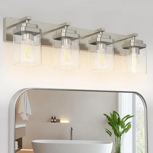 Vista 26 de Lámparas de baño de oro cepillado, 4 luces de baño sobre el espejo, diseño cuadrado y placa trasera grande rectangular, accesorios de iluminación