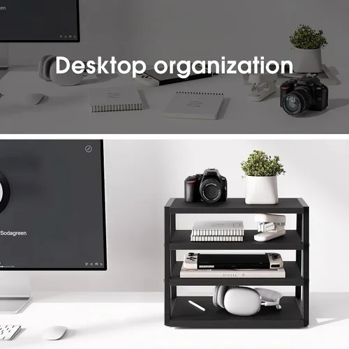 Vista 6 de Fenge Organizador de estante de escritorio, estante de escritorio de 4 niveles, estantes de oficina de madera y metal, organizador de archivos