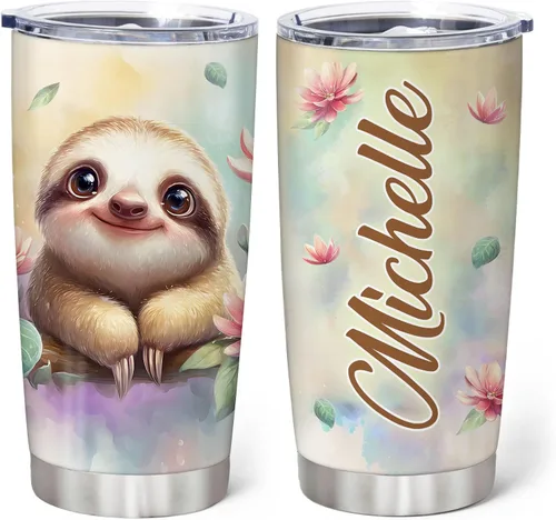 Vista 12 de Hyturtle Regalos personalizados para los amantes de los perezosos, vaso de acero inoxidable con nombre personalizado de 20 onzas con tapa, idea