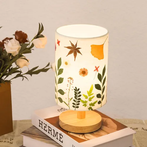Vista 5 de Lámpara de mesa con flores prensadas, 5 W, LED, 3 temperaturas, flores secas, lámpara de noche, pantalla de lino con base de madera