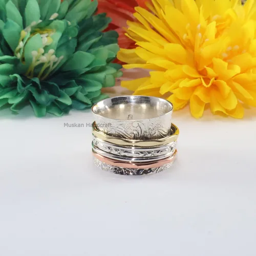 Vista 7 de Solid 925 Sterling Silver Flower Floral Three Tone Hammered Meditation Spinner Ring For WomenGirls