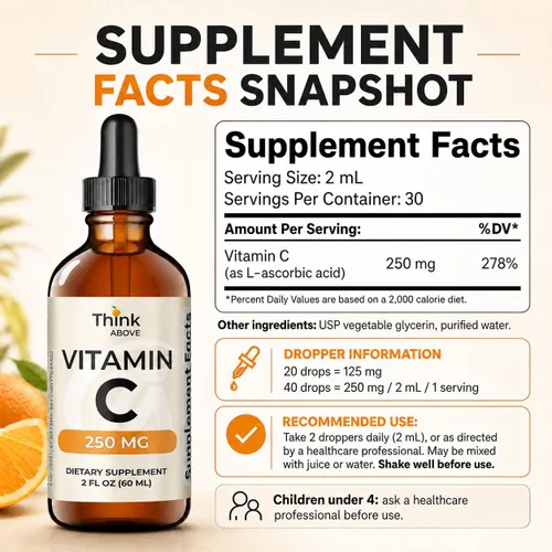 Vista 3 de Think Above Gotas líquidas de vitamina C, 250 mg por porción, vitamina C como ácido L-ascórbico, suplemento líquido de vitamina C para adultos, 30