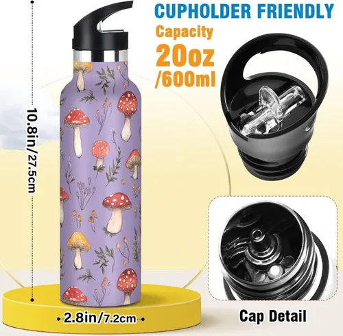 Vista 2 de Red Mushrooms Termitomyces Albuminosus Purple Double Wall Vacuum Insulated Bottles Water Bottles With Straws Leak-proof BPA-Free Leak Proof for Gym