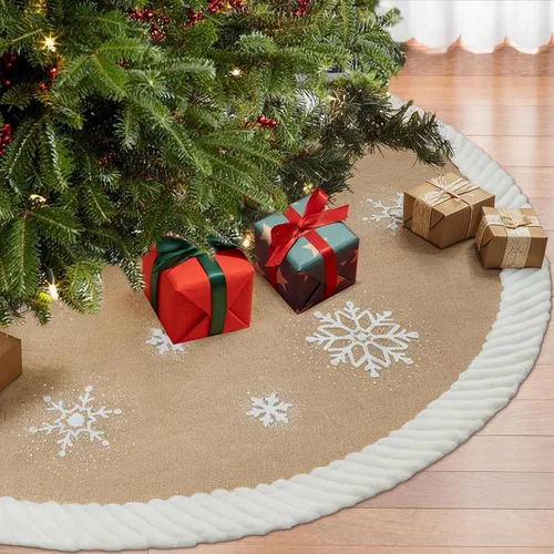 Vista 8 de AerWo Falda de árbol de Navidad de 48 pulgadas con copo de nieve blanco, falda de árbol de arpillera con lados de piel, faldas de árbol de Navidad