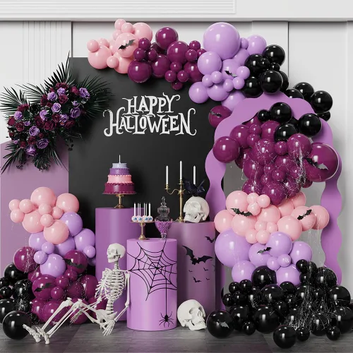Vista 8 de Kit de arco de guirnalda de globos morados, naranjas y negros, 151 unidades con calcomanías de murciélago para el hogar de Halloween, decoración
