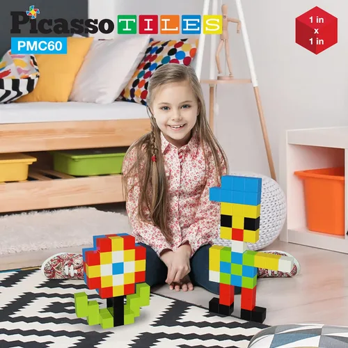 Vista 5 de PicassoTiles Cubo magnético de rompecabezas de 60 piezas + 101 piezas, juego de bloques de construcción con imán en blanco y negro, ideabook gratis